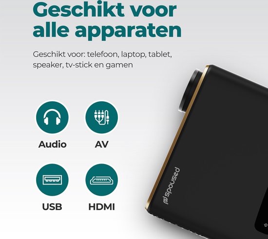 Spoused Beamer - Full-HD - 12 000 Lumens - Streaming depuis votre téléphone avec WiFi - Mini Beamer - Noir - Android