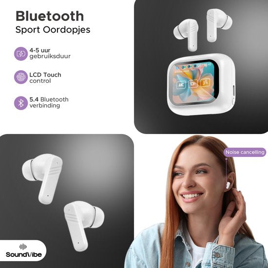 SoundVibe® - Earbuds Wireless With Noice Cancelling - White - Bluetooth Earbuds - Noice Cancelling Headphones - LX-10 Earpods with Screen - Works With Apple And Android - Earpods USB C - Wireless Earphons - Earphones Wireless