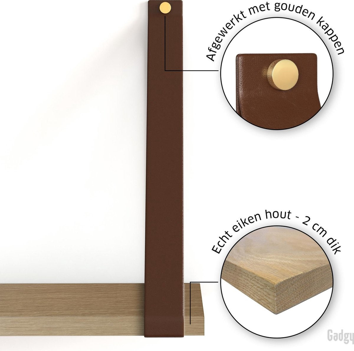 Gadgy Wandplank Zwevend - Wandplank Hout - Wandrekken - Wandplank met Leren Riemen - Boekenplank - Wanddecoratie - Book Shelf 50x15CM