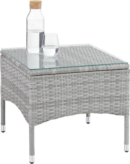 tectake® - set de jardin en osier avec housses amovibles, 2 chaises et table avec plateau en verre, 2x chaises longues d'extérieur avec accoudoirs et table de jardin, set de jardin, meubles de balcon - gris clair - poly-rattan