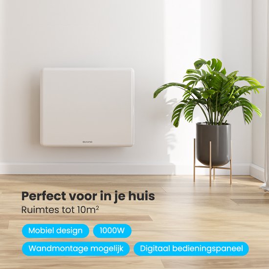 Convecteur électrique - 1000W - Chauffage électrique - 3 niveaux - Panneau métallique - Roues - Blanc