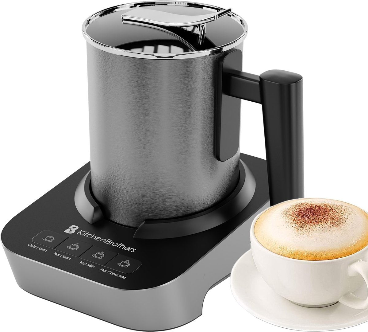 KitchenBrothers - Mousseur à lait électrique - Lavable au lave-vaisselle - 4-en-1 - 400 ML - Acier inoxydable/Noir