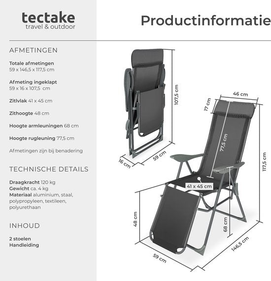 tectake® - Lot de 2 chaises pliantes - Chaises de jardin en aluminium - Pliantes avec appui-tête et repose-pieds - Chaises longues pour le jardin, la terrasse ou le balcon - Chaise de camping - Anthracite