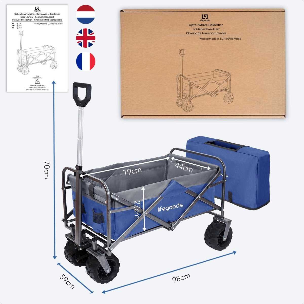 LifeGoods Wagon - pliable - jusqu'à 80KG - 94L - polyester lavable - 98x45cm - bleu/gris