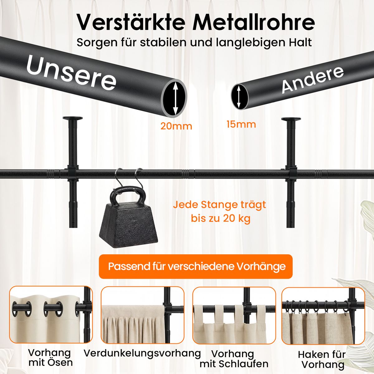 Tringle à rideaux Coast avec séparateur d'espace réglable - sans perçage - capacité de charge jusqu'à 20 kg - noir