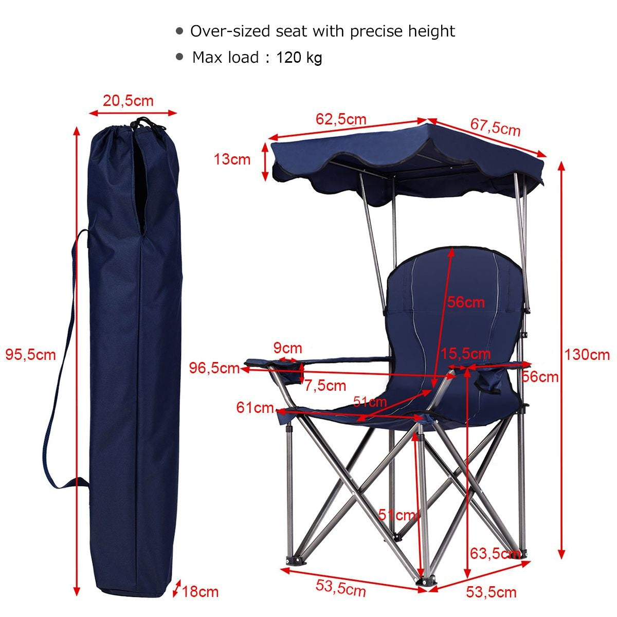 Coast Chaise de camping pliable - parasol - porte-gobelet Sac de transport - 96,5 x 67,5 x 130 cm - bleu