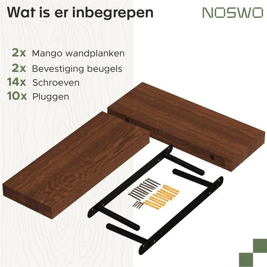 Étagère murale flottante - Noswo - Lot de 2 - 15 kg max - Bois de manguier massif - 43x16.8 x4 cm - étagère à livres / étagère à photos - Matériel de fixation inclus