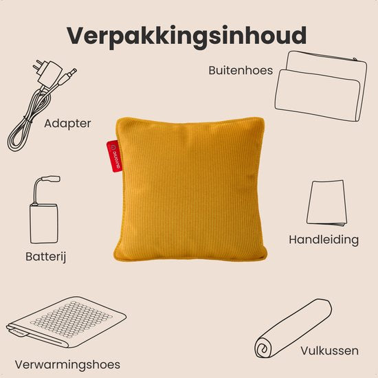 Auronic Heat Pillow - Tricoté - 45x45 - Sans fil - Rechargeable - Oreiller électrique - Infrarouge - Jaune