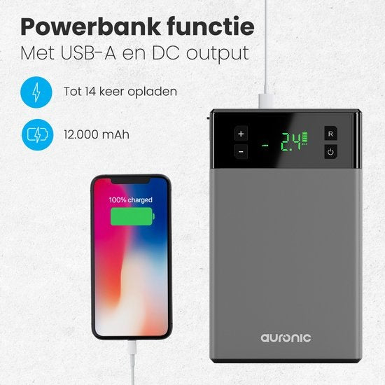 Auronic Jumpstarter - avec compresseur - 12V - 1200A - 12,000 mAh - Aide au démarrage 6-en-1 - Sac de rangement et accessoires inclus - Noir/Gris