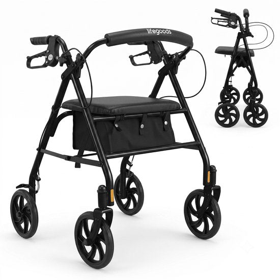 Rollator LifeGoods Basic : léger et pliable (8,7 kg) - Avec siège et dossier – Pour l'intérieur et l'extérieur – Hauteur réglable - Capacité de charge jusqu'à 136 kg – Noir