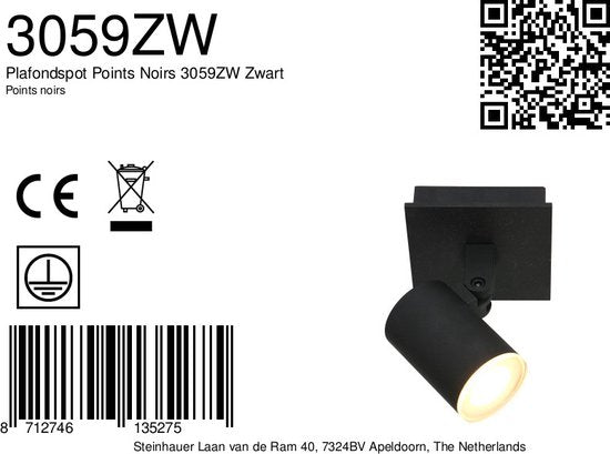 Spot de plafond Steinhauer Points Noirs 3059ZW Noir - Orientable et inclinable, en métal et plastique, ampoule incluse, adapté à un usage intérieur