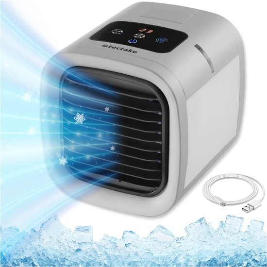 tectake® Air Cooler Frosty avec éclairage LED - 2 modes de refroidissement - 8W - Refroidisseur d'air 3-en-1 avec réservoir d'eau - Sans tuyau de vidange - Câble USB et entonnoir inclus - Mini climatiseur - Gris