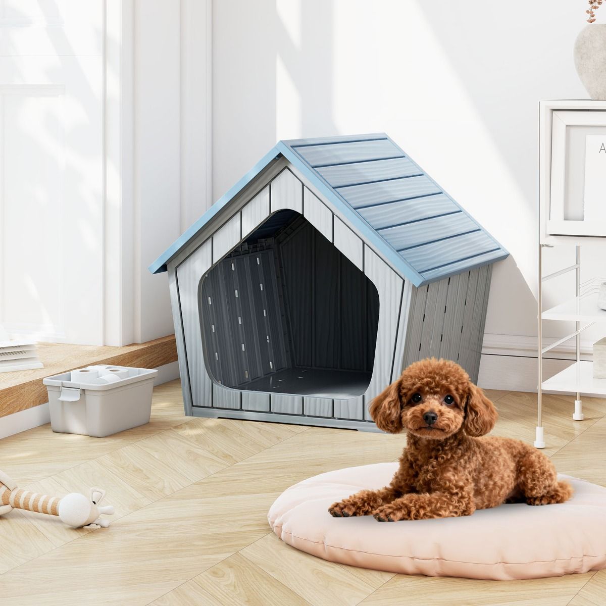 Maison pour chat Coast en plastique - Résistante aux intempéries - Grande entrée - Bleue et grise - 59,5 x 57 x 58 cm