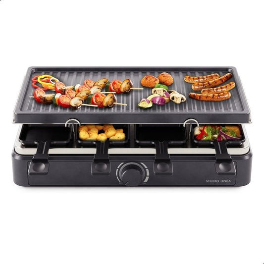 Studio Linea SLGRILL30BK Set Gourmet - 8 personnes - 1400 W - Poêles et plaque Gourmet avec revêtement antiadhésif - Raclette
