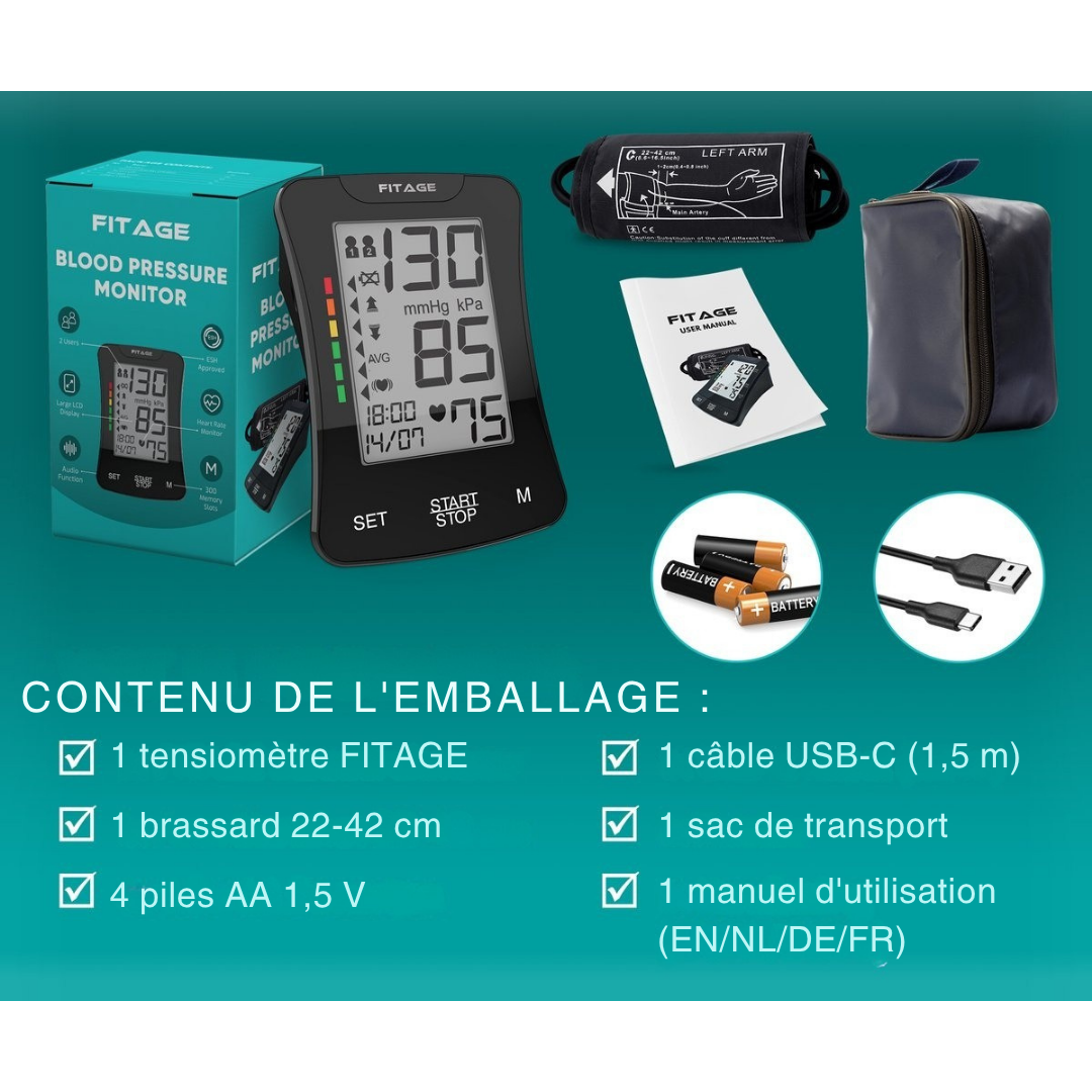 FITAGE - Tensiomètre médical -  Moniteur de Pression Artérielle - Fréquence Cardiaque - Brassard 22 à 42cm - Noir