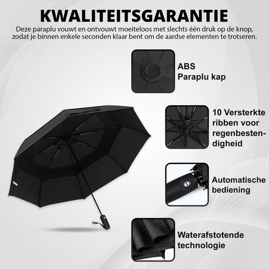 K&L Storm Parapluie pliable - Résiste à la tempête jusqu'à 100km/h - Parapluie à déploiement automatique - Housse de protection incluse - Noir