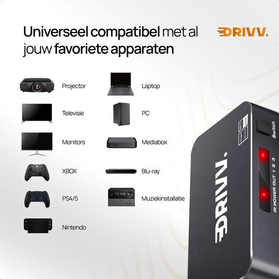 Drivv. Commutateur HDMI 4K 60Hz - 3 entrées 1 sortie - Télécommande incluse - Commutation automatique - 780/1080p/4K - Noir