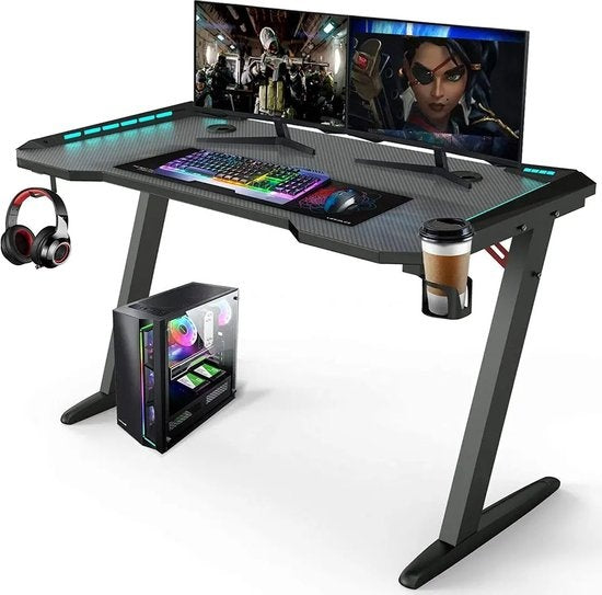 Bureau de gaming - Avalo - 140x60x73 - CM Éclairage LED Intégré - Noir