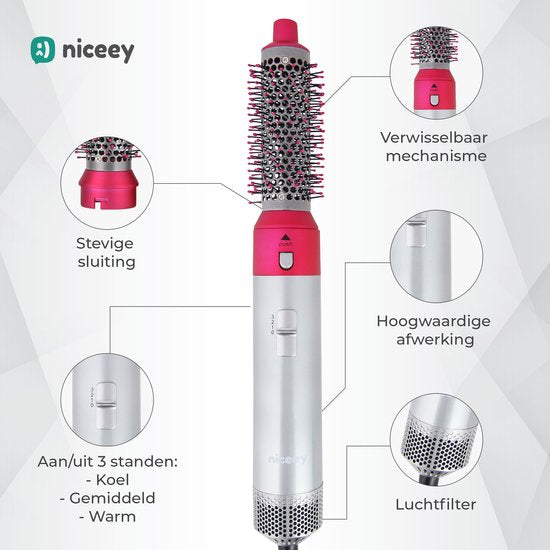 Niceey Brosse pour sèche-cheveux - Fer à boucler 5 en 1 - Airstyler - Multistyler - Brosse coiffante - Fer à boucler avec accessoires - Sèche-cheveux avec brosse - Avec gant - Brosse à boucler - Brosse à cheveux - Modèle 2025 - Gris/Pourpre