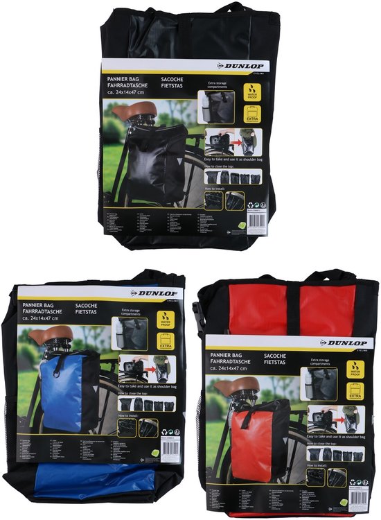 Sac à dos de vélo Dunlop 4-en-1 imperméable - Sac de vélo / sac à dos - 16 L - Sac à main ou sac à bandoulière - Noir / Rouge / Bleu