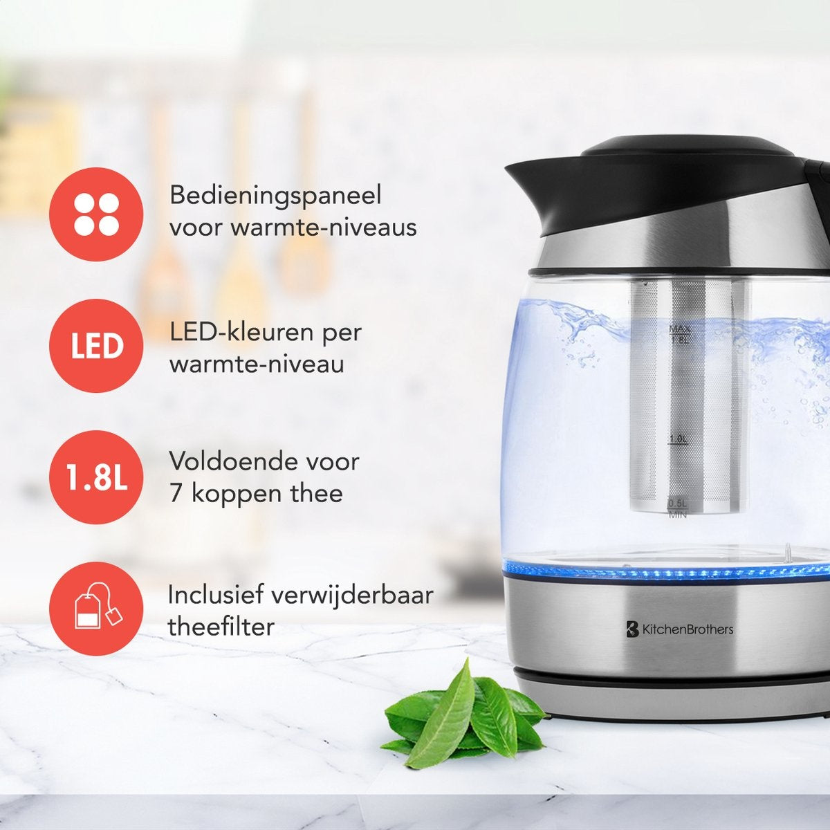 Bouilloire électrique KitchenBrothers - 1,8L - Fonction maintien au chaud - avec filtre à thé - 1,8L - acier inoxydable