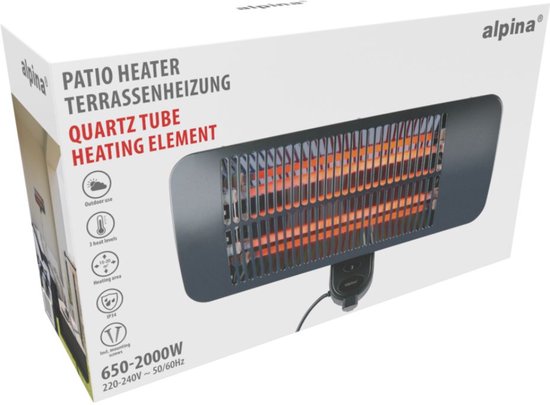 Chauffage infrarouge suspendu Alpina - Chauffage de terrasse 2000 W, 3 niveaux de chaleur - Chauffage de terrasse résistant aux éclaboussures IP34 avec panneau infrarouge - Chauffage de terrasse