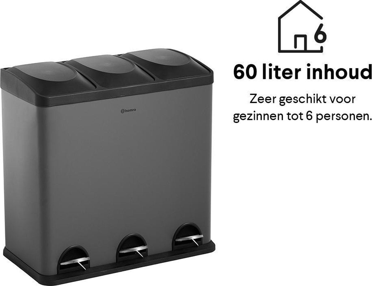 Homra MAXER Poubelle - 3 Compartiments - 60 Litres (3x 20L) - Poubelle à pédale - Gris
