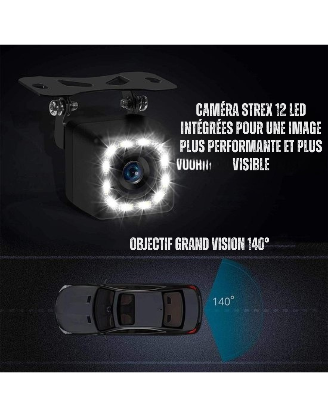 Strex Caméra de recul - RCA universel - Vision nocturne 12 LED - Étanchéité IP68 - Caméra de recul voiture