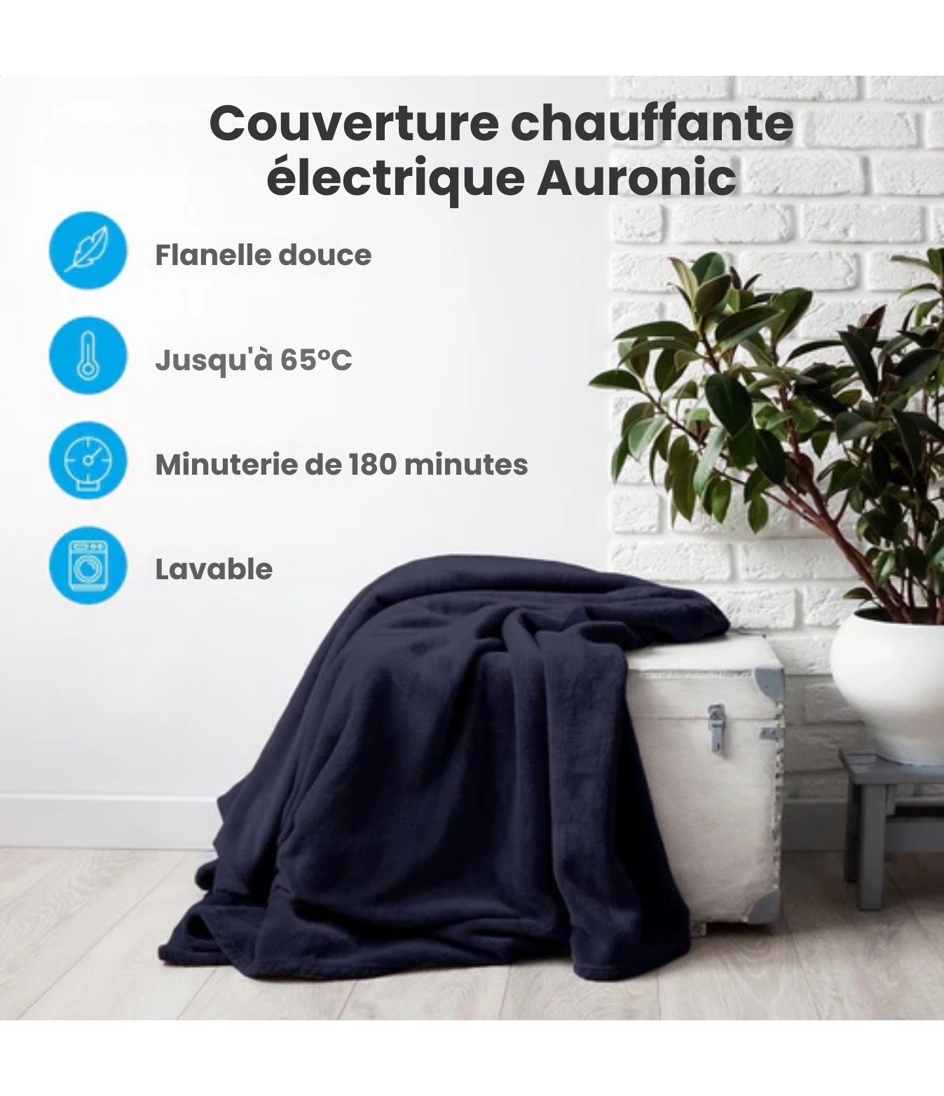 Couverture chauffante électrique - Auronic - 3 niveaux de chauffe avec minuterie - 160 x 120cm - bleu nuit