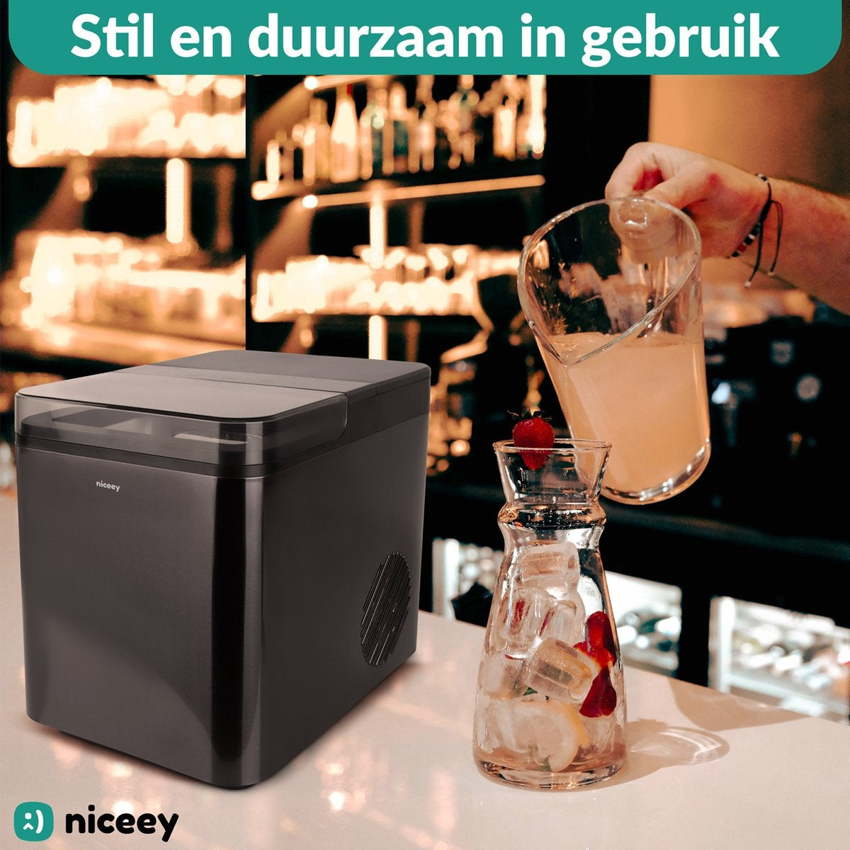 Machine à glaçons Niceey, 2 litres, en 6-8 min, 12kg/24h, avec cuillère à glace, Noir