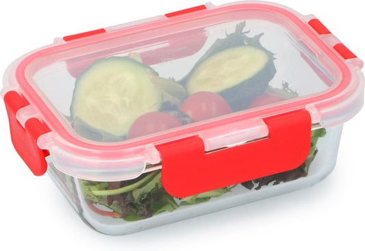 Boîte de conservation Alpina - 390 ml - Verre borosilicaté - Convient au congélateur, au micro-ondes, au four et au lave-vaisselle - 15,5 x 11,5 x 5,5 cm - Transparent/Rouge