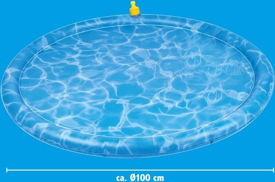 Tapis d'eau pour chien - Ø100 CM - Tapis de bain et de refroidissement pour chien - avec arroseurs - s'adapte à pratiquement tous les tuyaux d'arrosage - PVC - Bleu