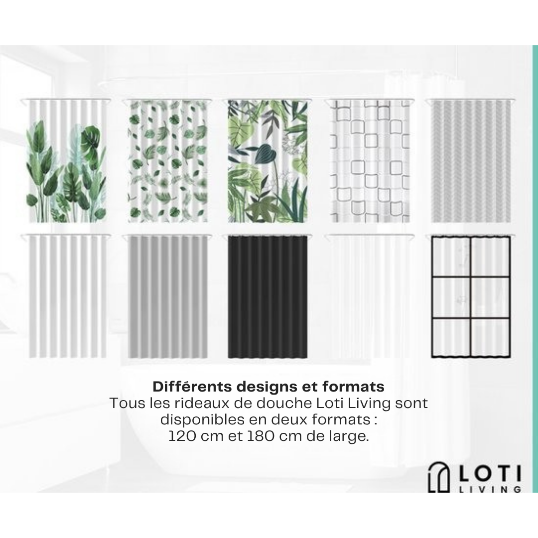 Rideau de douche anti-moisissure Loti Living - Anneaux inclus - 100% Polyester - 120x200 cm - Blanc/vert