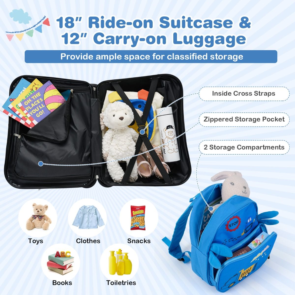 Ensemble de valises pour enfants Coast - Valise-siège et sac à dos - Multifonctionnel - Motif « pelleteuse »