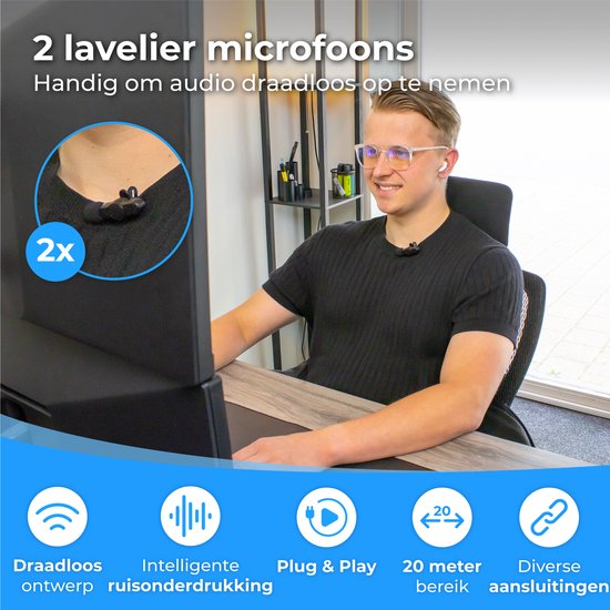 Nuvance - Microphone sans fil - 2 pièces - Convient pour Jack 3,5mm, USB-C et Lightning - Tie Pin Microphone - Lavalier Microphone sans fil - Microphones - Plug & Play