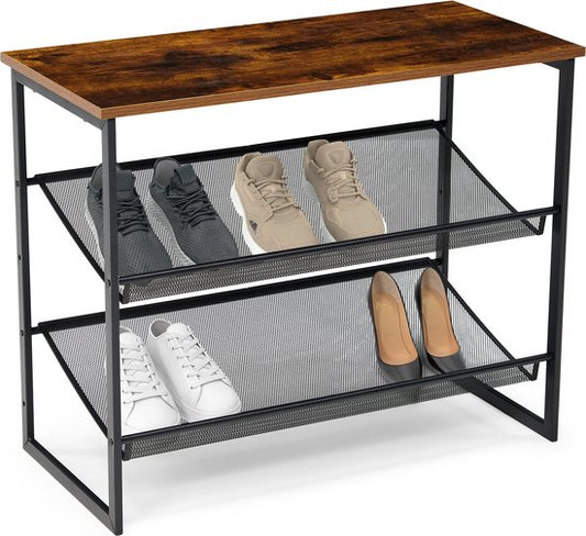 Brixy Shoe Rack - Industriel - Bois - Métal - 64x30x52cm - Vintage - Meuble à chaussures - Marron/Noir
