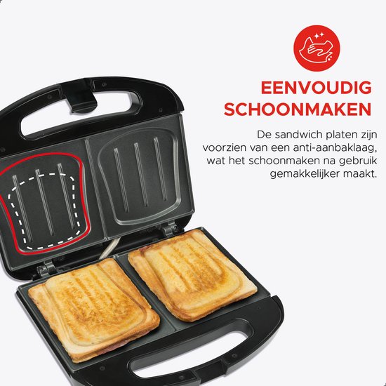 Appareil à sandwichs Bourgini XXL Noir - 800 W - Appareil à croque-monsieur - Gril de table