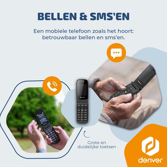 Téléphone portable Denver pour seniors 4G - Grandes touches - Bouton SOS - Grandir sans smartphone - Station de recharge - GSM - Bluetooth - Radio FM - Entièrement en néerlandais et en français - Modèle 2026 - BAS24800L