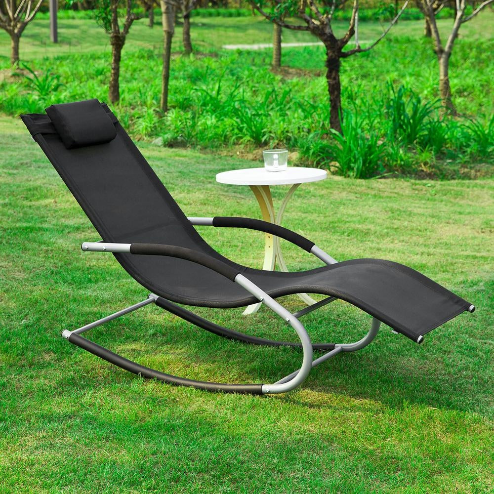 Chaise longue à bascule SoBuy - Avec coussin - Cadre métal - Résistante aux intempéries - Capacité 120 kg - Max. 150 kg - Noir