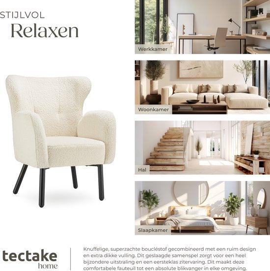tectake® - Fauteuil Vänersborg - Fauteuil relax épais avec revêtement bouclé - Fauteuil lounge avec accoudoirs larges et dossier ergonomique - Pieds réglables en hauteur avec protection du sol - Beige/crème