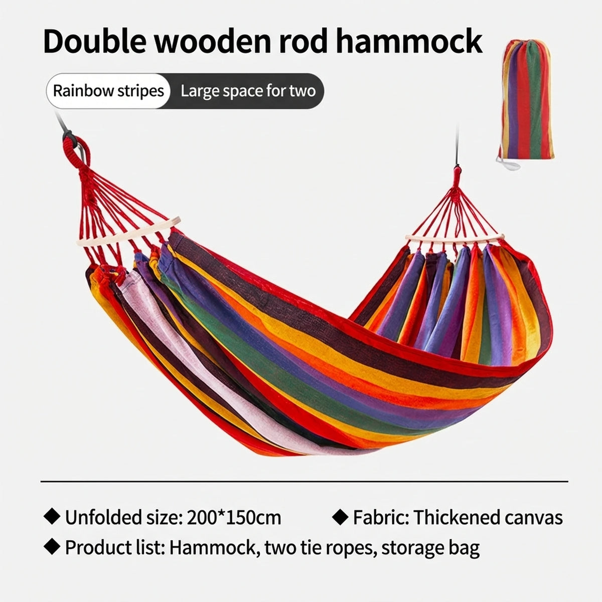 ochama x J.ZAO Hamac double de camping 200 × 150 cm - Rainbow - Capacité de charge de 150 kg - Barres d'écartement en bois - 2 sangles incluses