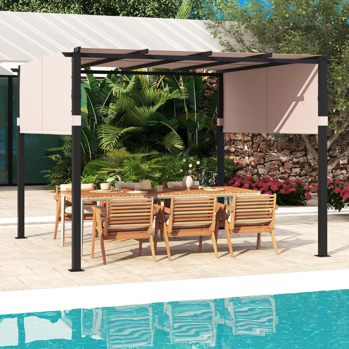 Coast - Pavillon pour barbecue / Pergola - Toit plat, auvent rétractable et 2 moustiquaires latérales - 305 x 305 cm - Métal/Polyester - Beige