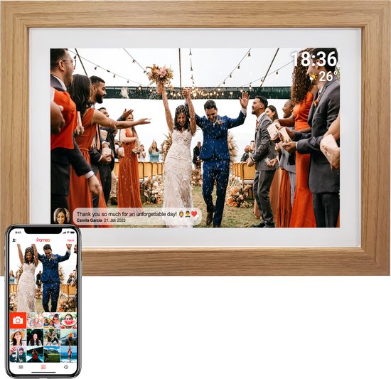 Denver Cadre Photo Numérique 15,6 Pouces - XL - Bois - Full HD - Application Frameo - Cadre Photo - WiFi - 8GB - Écran Tactile IPS - PFF1542LW