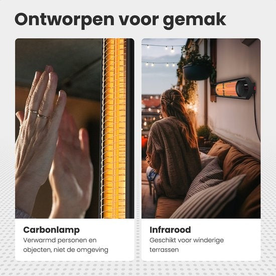 Auronic Chauffage de terrasse - Infrarouge - Chauffage - Électrique - 2500W - Télécommande - 4 niveaux - Noir