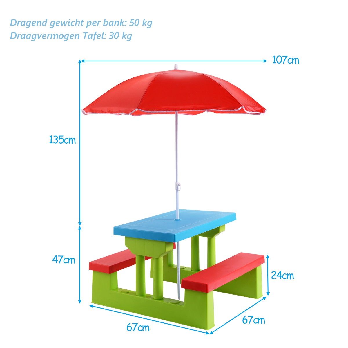 Coast Table de pique-nique pour enfants - Avec parasol - 2 bancs - Max. 50 kg - 67 x 41 x 47 cm - Rouge / Bleu / Vert