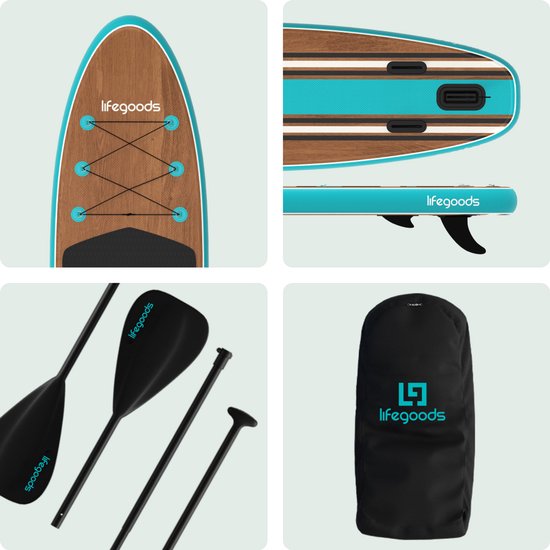 LifeGoods PaddlePro SUP Board - with Seat - Inflatable Paddle Board - Complete Set - Max. 150KG - 320x81cm - Bois/Bleu