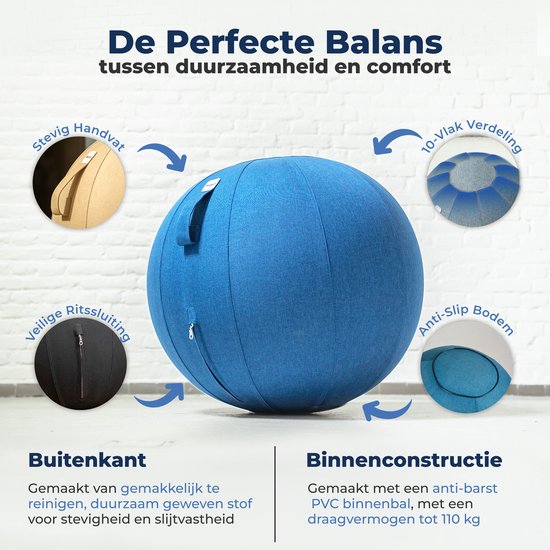 Ballon de siège Backerz 65 cm - Ballons de siège avec housse en lin - Chaise de bureau ergonomique pour le bureau et la maison - Ballon de yoga de luxe - Bleu clair