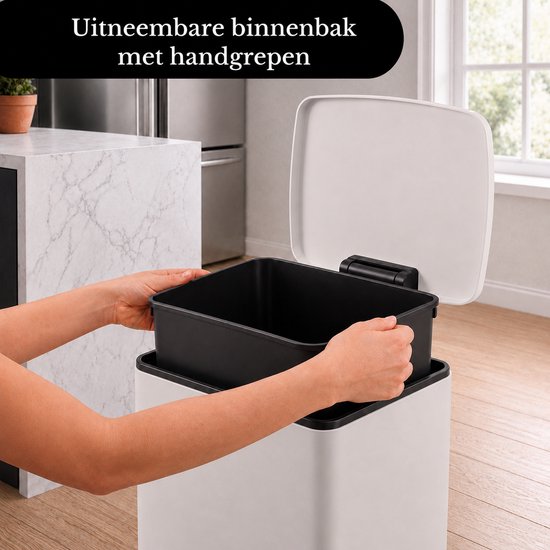 Poubelle Bayt - Poubelle 60 litres - Poubelle à pédale 60 litres - Poubelle 60 litres - Corbeille à déchets - Acier inoxydable - Blanc crème