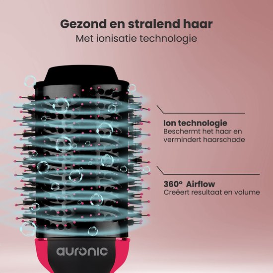 Auronic 3-in-1 Brosse sèche-cheveux pour plus de volume, de style et de boucles - Airstyler - Brosse à boucler - Brosse magique en céramique - 1000W - Ø 45 mm - Noir/Rose