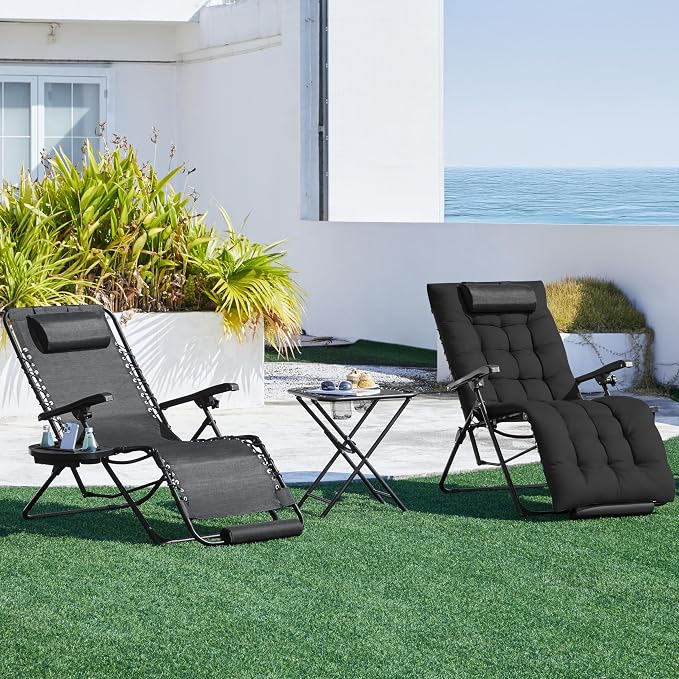 Chaise longue pliable Yaheetech Zero Gravity - Noire - Chaise de détente avec coussin, repose-pieds et porte-gobelet, jusqu'à 200 kg